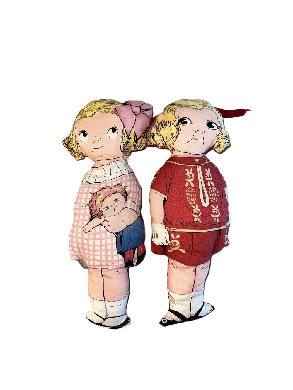 2 VINTAGE Cut N Sew Blonde Girl Dolls Aunt Lindy 15" Plush Pillows MCM rag cloth